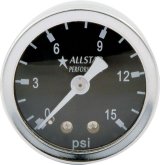 Allstar Performance Shockproof Pressure Gauges ALL80200 Gauge, Shockproof, Fuel Pressure, 0-15 psi, 1 1/2 in. Diameter, Analog, Full Sweep, Liquid-filled, Mechanical, Black Face, Stainless Steel Bezel, Each thumbnail 2