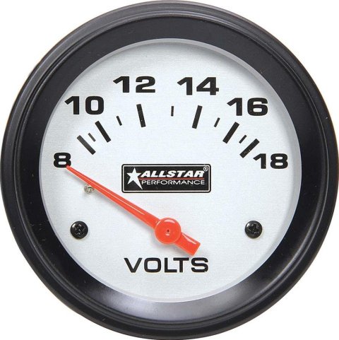 Allstar Performance Gauges ALL80099 Gauge, Allstar, Voltmeter, 8-18 V, 2 5/8 in. Diameter, Analog, Full Sweep, Illuminated, Electrical, White Face, Black Bezel, Each