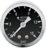 Allstar Performance Shockproof Pressure Gauges ALL80210 Gauge, Shockproof, Fuel Pressure, 0-15 psi, 1 1/2 in. Diameter, Analog, Full Sweep, Mechanical, Black Face, Stainless Steel Bezel, Each thumbnail 1
