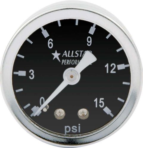 Allstar Performance Shockproof Pressure Gauges ALL80210 Gauge, Shockproof, Fuel Pressure, 0-15 psi, 1 1/2 in. Diameter, Analog, Full Sweep, Mechanical, Black Face, Stainless Steel Bezel, Each