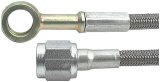 Allstar Performance Braided Steel Lines ALL46440-24 Brake Line, -4 AN, Stainless Steel, 24.000 in. Length, Hose 1 Straight Angle Female Thread, Hose 2 3/8 in. Banjo, Each thumbnail 1