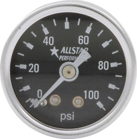 Allstar Performance Gauges ALL80216 Gauges, Fuel Pressure, Analog, Round, 0-100 psi, Black Face, White Numbers and Pointer, Polished Bezel, Mechanical, 1 1/2 in. Diameter, Each