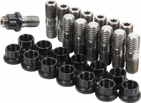 Allstar Performance Fastener Hardware Assortments ALL17010 kit includes (14) 3/8 in-24 titanium studs and (14) steel nuts.