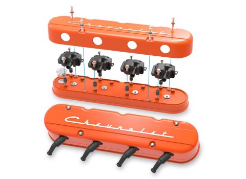 Holley Aluminum LS Valve Covers 241-178 Covers, LS, Center and Perimeter Bolt, Tall, Chevy Logo, Cast Aluminum, Orange Gloss, Two-Piece, Chevy, LS, 4.8-7.0L, Pair