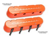 Holley Aluminum LS Valve Covers 241-178 Covers, LS, Center and Perimeter Bolt, Tall, Chevy Logo, Cast Aluminum, Orange Gloss, Two-Piece, Chevy, LS, 4.8-7.0L, Pair thumbnail 3