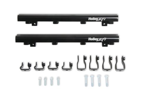 Holley EFI Fuel Rails 534-261 Rails, Replacements, Lo-Ram Manifold, Dual Injector, Aluminum, Black Anodized, 3/4 in.-16 Inlet, Brackets, Hardware Included. Kit