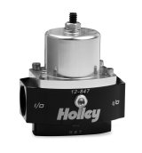 Holley Dominator Billet Fuel Pressure Regulators 12-847 Regulators, Billet, 4.5 to 9 psi, Inline, Return Style, -10 AN Inlet and Outlet, -8 AN Return, Black Finish, Bracket, Each thumbnail 1