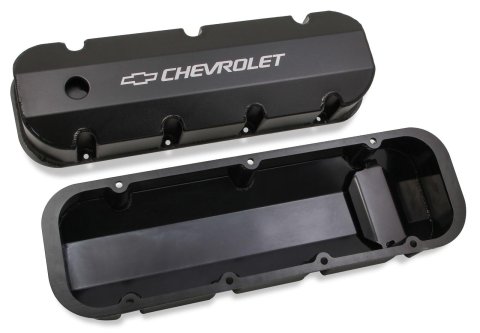 Holley Track Series Valve Covers 241-281 Covers, Series, Perimeter Bolt, Tall, Chevrolet Logo, Fabricated Aluminum, Black Gloss, Baffled, Chevy, 396ci, 402ci, 427ci, 454ci, Pair thumbnail 1