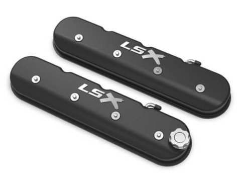 Holley Aluminum LS Valve Covers 241-407 Covers, LS, Centerbolt, Tall, LSX Logo, Cast Aluminum, Black Satin, Baffled, Chevy, LS, 4.8L, 5.3L, 5.7L, 6.0L, 6.2L, 7.0L, Pair thumbnail 1