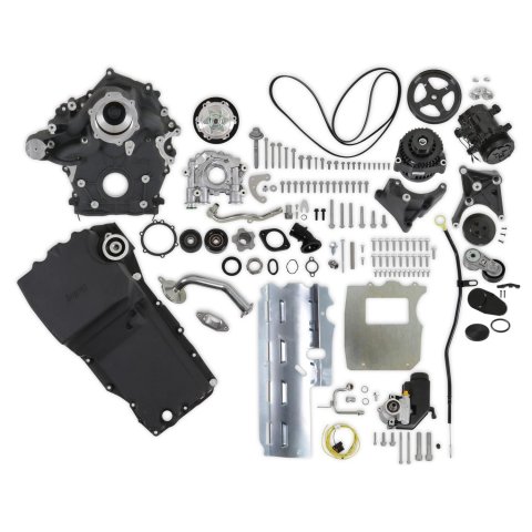 Holley Ford 7.3L Godzilla High-Mount Accessory Drive Complete Kits 20-340BK Systems, Kit, Oiling System, Serpentine, Black Powdercoated Finish, Godzilla, Kit thumbnail 1