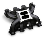 Holley LS Mid-Rise Carbureted Intake Manifolds 300-130BK Manifolds, Mid-Rise, Standard Deck, Single Carburetor, Dual Plane, 1,500-6,500 RPM Range, Aluminum, Black Finish, Chevy, 4.8-6.0L, Each thumbnail 1