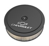 Holley GM Muscle Series Air Cleaners 120-212 Cleaners, Series, 14 in. Round, 1 in. Drop, Chevy Logo, Aluminum, Black, Satin Finish, 3 in. Paper Filter, Aluminum Wing nut, Kit thumbnail 1