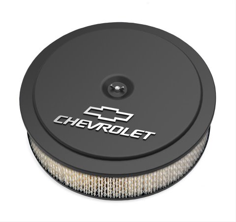 Holley GM Muscle Series Air Cleaners 120-212 Cleaners, Series, 14 in. Round, 1 in. Drop, Chevy Logo, Aluminum, Black, Satin Finish, 3 in. Paper Filter, Aluminum Wing nut, Kit