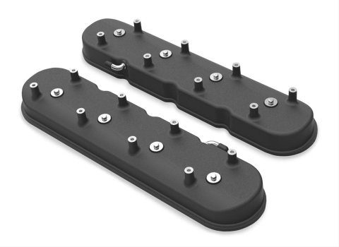 Holley Aluminum LS Valve Covers 241-97 Covers, LS, Centerbolt, Tall, Plain Top, Cast Aluminum, Black Satin, Baffled, Chevy, LS, 4.8L, 5.3L, 5.7L, 6.0L, 6.2L, 7.0L, Pair