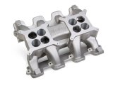 Holley LS Mid-Rise Carbureted Intake Manifolds 300-133 Manifolds, Mid-Rise, Standard Deck, Dual Carburetor, Dual Plane, 1,500-7,000 RPM Range, Aluminum, Satin Finish, Chevy, 6.0L, 6.2L, Each thumbnail 1