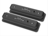 Holley Vintage Series Valve Covers 241-247 Covers, Series, Centerbolt, Finned, Logo, Cast Aluminum, Black Satin Finish, Baffled, Chevy, 5.0L, 5.7L, Pair thumbnail 1