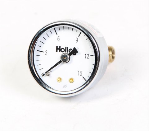 Holley Analog Fuel Pressure Gauges 26-500 Gauge, Pressure, 0-15 psi, 1 1/2 in. Diameter, Analog, 1/8 in. npt, Full Sweep, Mechanical, White Face, Each