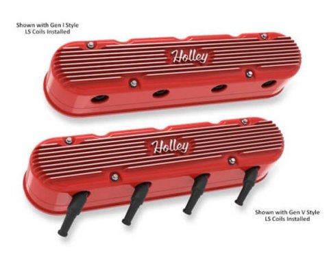 Holley Vintage Series Valve Covers 241-174 Covers, Series, Center and Perimeter Bolt, Tall, Finned, Logo, Cast Aluminum, Red, Glossy, Two-Piece, Chevy, LS, 4.8-7.0L, Pair