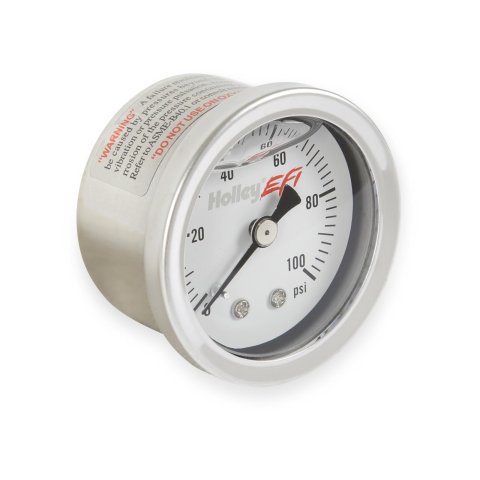 Holley Analog Fuel Pressure Gauges 26-507 Gauges, EFI Pressure, Analog, Oil Filled, 1.50 in. Diameter, 0-100 psi, Round, Silver Bezel, White Face, Black numbers. 1/8 in. NPT, thumbnail 2