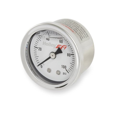Holley Analog Fuel Pressure Gauges 26-507 Gauges, EFI Pressure, Analog, Oil Filled, 1.50 in. Diameter, 0-100 psi, Round, Silver Bezel, White Face, Black numbers. 1/8 in. NPT, thumbnail 3