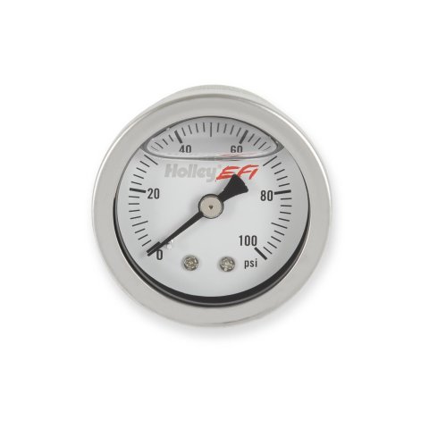 Holley Analog Fuel Pressure Gauges 26-507 Gauges, EFI Pressure, Analog, Oil Filled, 1.50 in. Diameter, 0-100 psi, Round, Silver Bezel, White Face, Black numbers. 1/8 in. NPT, thumbnail 4