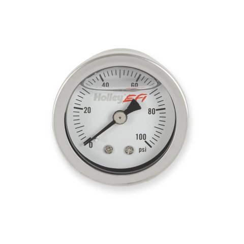 Holley Analog Fuel Pressure Gauges 26-507 Gauges, EFI Pressure, Analog, Oil Filled, 1.50 in. Diameter, 0-100 psi, Round, Silver Bezel, White Face, Black numbers. 1/8 in. NPT, thumbnail 6