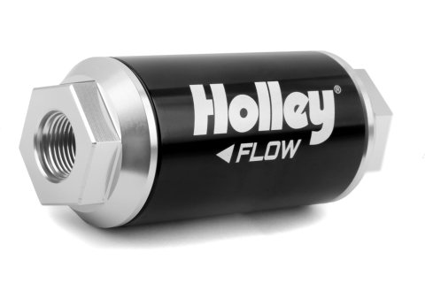 Holley HP Billet Fuel Filters 162-563 Filters, Billet, Inline Style, 3/8 in. Inlet/Outlet, Female Thread, Stainless Steel Mesh, 40 Microns, 175 gph, Black Finish, Gas/E85, Each