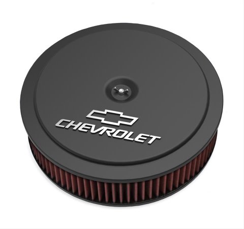 Holley GM Muscle Series Air Cleaners 120-220 Cleaners, Series, 14 in. Round, 1 in. Drop, Chevy Logo, Aluminum, Black Finish, 3 in. Filter, Red, Cotton Gauze, Chrome Wing nut, Kit