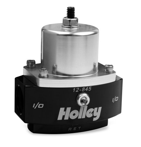 Holley HP Billet Fuel Pressure Regulators 12-845 Regulators, Billet, 4.5 to 9 psi, Inline, Return Style, -8 AN Inlet and Outlet, -6 AN Return, Black Finish, Bracket, Each