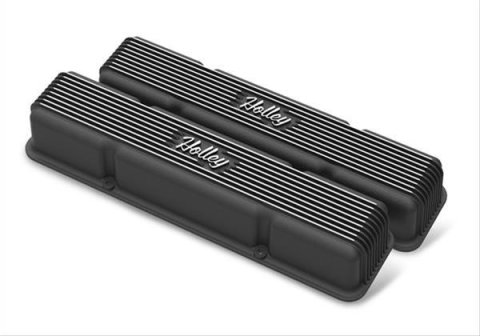 Holley Vintage Series Valve Covers 241-245 Covers, Series, Perimeter Bolt, Tall, Finned, Logo, Cast Aluminum, Black Finish, Textured, Baffled, Chevy, 283-400ci, Pair