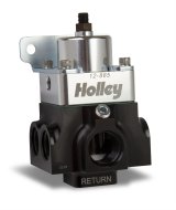Holley VR Series Fuel Pressure Regulators 12-865 Regulators, Series, 4 port, Inline, Return Style, 4-9 psi, 1/8 in. NPT Gauge Port, -10 AN O-ring ports, Aluminum, Black Base, Each thumbnail 1