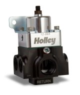 Holley VR Series Fuel Pressure Regulators 12-865 Regulators, Series, 4 port, Inline, Return Style, 4-9 psi, 1/8 in. NPT Gauge Port, -10 AN O-ring ports, Aluminum, Black Base, Each thumbnail 2