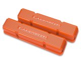 Holley Vintage Series Valve Covers 241-109 Covers, Series. Perimeter Bolt, Tall, Finned, Cast Aluminum, Orange Powdercoat, Chevy, 4.3-6.6L, Pair thumbnail 1