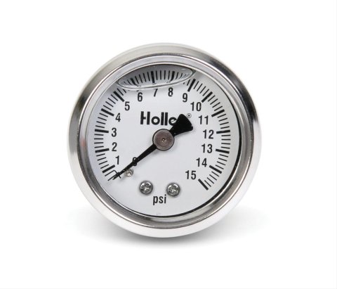 Holley Analog Fuel Pressure Gauges 26-504 Gauge, Pressure, 0-15 psi, 1 1/2 in. Diameter, Analog, Full Sweep, Liquid-filled, for Mechanical Sending Unit, White Face, Each