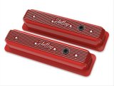 Holley Vintage Series Valve Covers 241-250 Covers, Series, Centerbolt, Finned, Logo, Cast Aluminum, Red Gloss Finish, Baffled, Chevy, 5.0L, 5.7L, Pair thumbnail 1