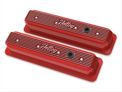 Holley Vintage Series Valve Covers 241-250 Covers, Series, Centerbolt, Finned, Logo, Cast Aluminum, Red Gloss Finish, Baffled, Chevy, 5.0L, 5.7L, Pair