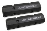 Holley Track Series Valve Covers 241-288 Covers, Series, Perimeter Bolt, Chevrolet Logo, Fabricated Aluminum, Black Gloss, Baffled, Chevy, Gen I, 283-400ci, Pair thumbnail 1