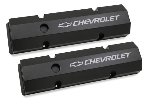 Holley Track Series Valve Covers 241-288 Covers, Series, Perimeter Bolt, Chevrolet Logo, Fabricated Aluminum, Black Gloss, Baffled, Chevy, Gen I, 283-400ci, Pair