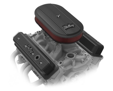 Holley Vintage Series Air Cleaner Assemblies 120-402 Cleaners, Series, 17 in. x 9 in., 5.125 in. Single Carburetor Neck, Machined Finned Top, Cotton Gauze Filter, Aluminum, Satin Black, Each