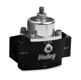 Holley HP Billet Fuel Pressure Regulators 12-840 Regulators, Billet, 4.5 to 9 psi, Inline, No Return, 3/8 in. NPT, Inlet and Outlet, Black, Clear Anodized, Mounting Bracket. Each thumbnail 1