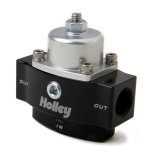 Holley HP Billet Fuel Pressure Regulators 12-840 Regulators, Billet, 4.5 to 9 psi, Inline, No Return, 3/8 in. NPT, Inlet and Outlet, Black, Clear Anodized, Mounting Bracket. Each thumbnail 2