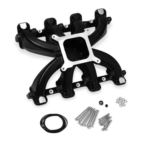 Holley LS Mid-Rise Carbureted Intake Manifolds 300-131BK Manifolds, Mid-Rise, Standard Deck, Single Carburetor, Single Plane, 5,500-7,000 RPM Range, Aluminum, Black Finish, Chevy, 6.0L, 6.2L, Each