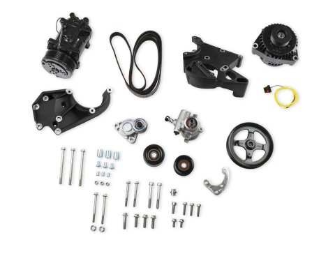 Holley LS Engine Swap Accessory Drive Systems 20-137BK Systems, Swap, Serpentine, Black, Air Conditioning Pulley, Compressor, Tensioner, Chevy, LS, 4.8-7.0L, Kit