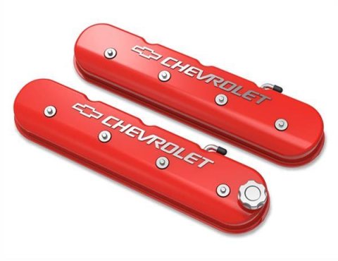 Holley Aluminum LS Valve Covers 241-404 Covers, LS, Centerbolt, Tall, Chevrolet Logo, Cast Aluminum, Red Gloss, Baffled, Chevy, LS, 5.7L, 6.0L, 6.2L, 7.0L, Pair