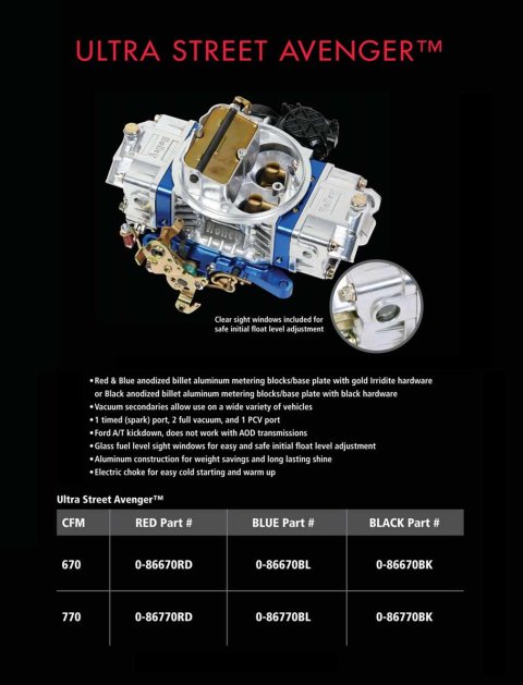 Holley Ultra Street Avenger Carburetors 0-86670BL Carburetors, Avenger, 670 cfm, 4-barrel, Square Bore, Electric Choke, Vacuum Secondaries, Dual Inlet, Blue and Shiny Finish, Each thumbnail 2