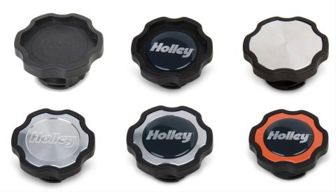 Holley LS Engine Oil Fill Caps 241-224 Caps, Engine, Twist-in, Octagon Shape, Black, Plastic, Billet Aluminum Insert, Domed Decal, Each thumbnail 2