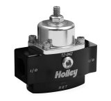 Holley HP Billet Fuel Pressure Regulators 12-842 Regulators, Billet, 4.5 to 9 psi, Inline, Return Style, 3/8 in. NPT, Inlet and Outlet, Idle Bleed, Black Finish, Bracket, Each thumbnail 3