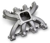 Holley LS Mid-Rise Carbureted Intake Manifolds 300-132 Manifolds, Mid-Rise, Standard Deck, Single Carburetor, Single Plane, 2,500-7,000 RPM Range, Aluminum, Satin Finish, Chevy, 4.8-6.0L, Each thumbnail 1
