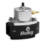 Holley HP Billet Fuel Pressure Regulators 12-846 Regulators, Billet, 15 to 65 psi, Inline, Return Style, -8 AN Inlet and Outlet, -6 AN Return, Black Finish, Bracket, Each thumbnail 1