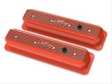 Holley Vintage Series Valve Covers 241-249 Covers, Series, Centerbolt, Finned, Logo, Cast Aluminum, Orange Gloss Finish, Baffled, Chevy, 5.0L, 5.7L, Pair thumbnail 1
